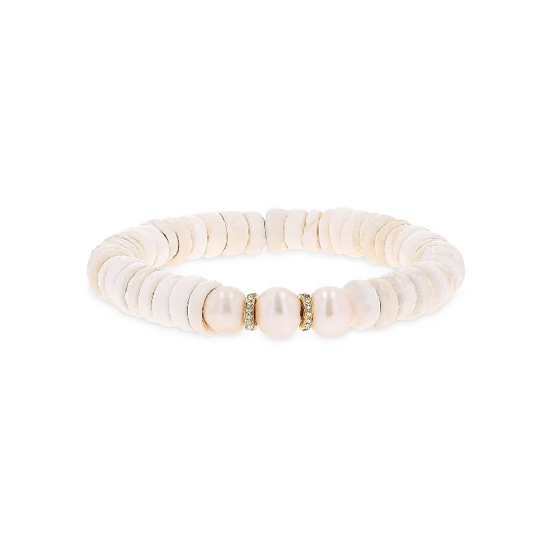 14k Pearl and Puka Shell Beaded Bracelet with Diamond Rondelles