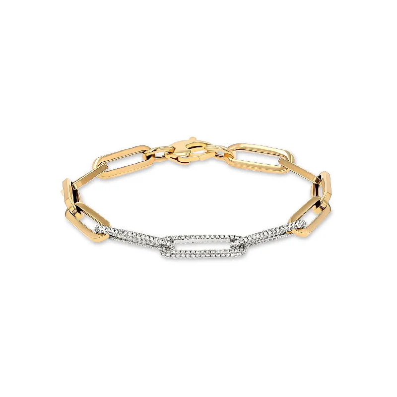 14k Yellow Gold Paperclip Links with 3 14k White Gold Diamond Links Bracelet