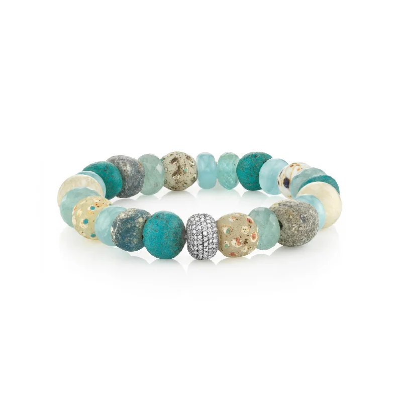 Aquamarine and African Trade Bead Bracelet with Diamond Donut Bead - 10mm