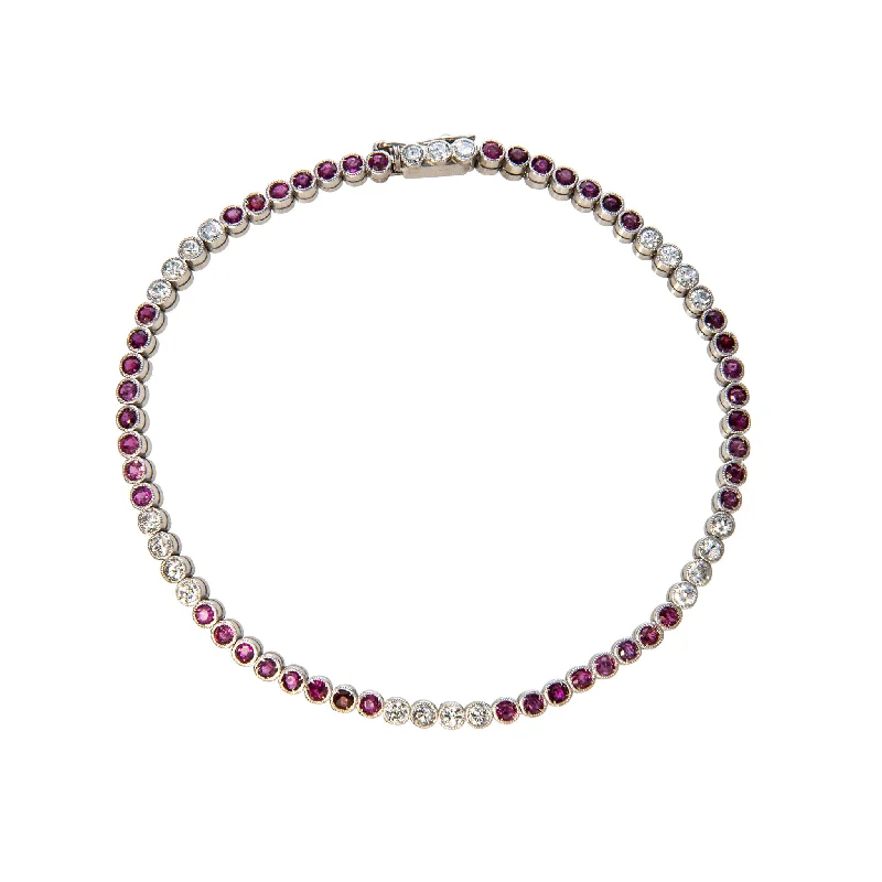 Art Deco Ruby & Diamond Bezel Set Platinum Tennis Bracelet