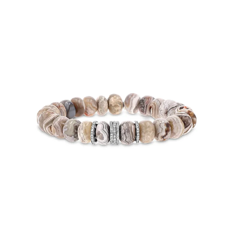 Cream Agate Bead Bracelet with 5 Diamond Rondelles - 10mm