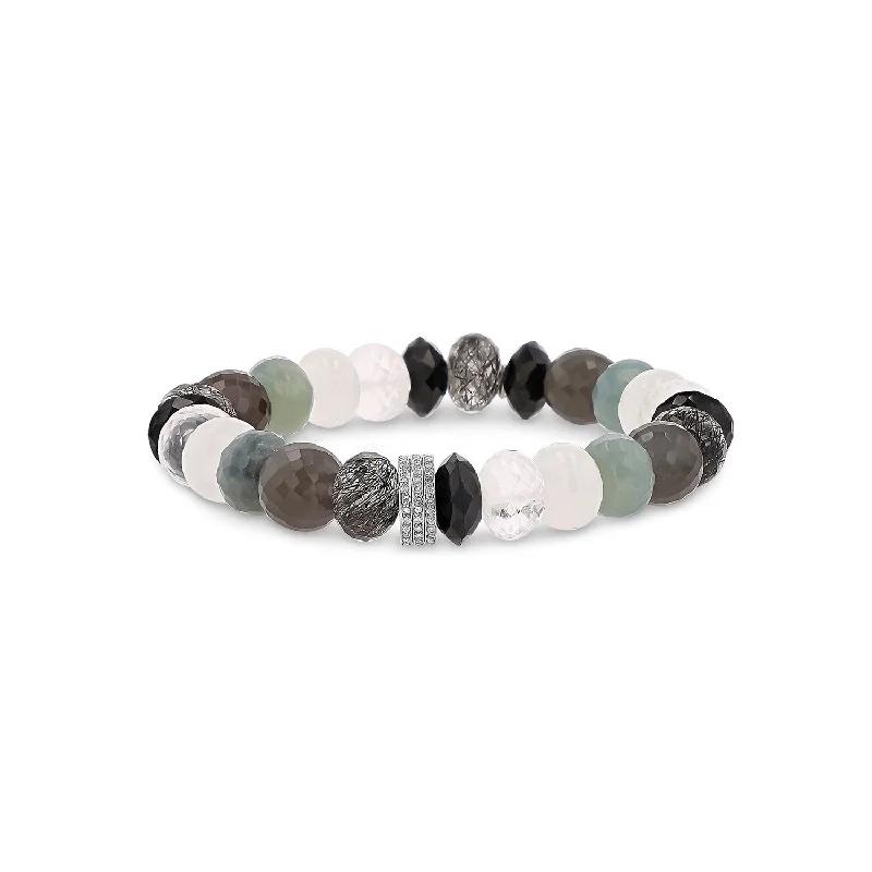 Grey Mix Bead Bracelet with 3 Diamond Rondelles - 10mm