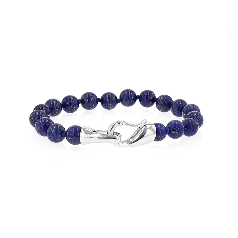 Mr. LOWE Men's Lapis Bead Bracelet with Silver Hook Clasp - 8mm