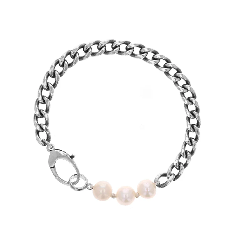 Mr. LOWE Men's Pearl & Flat Curb Chain Mix Bracelet