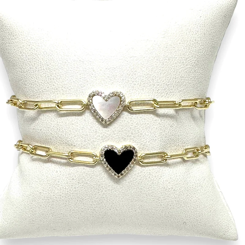 Pave Colored Heart Paperclip Bracelet