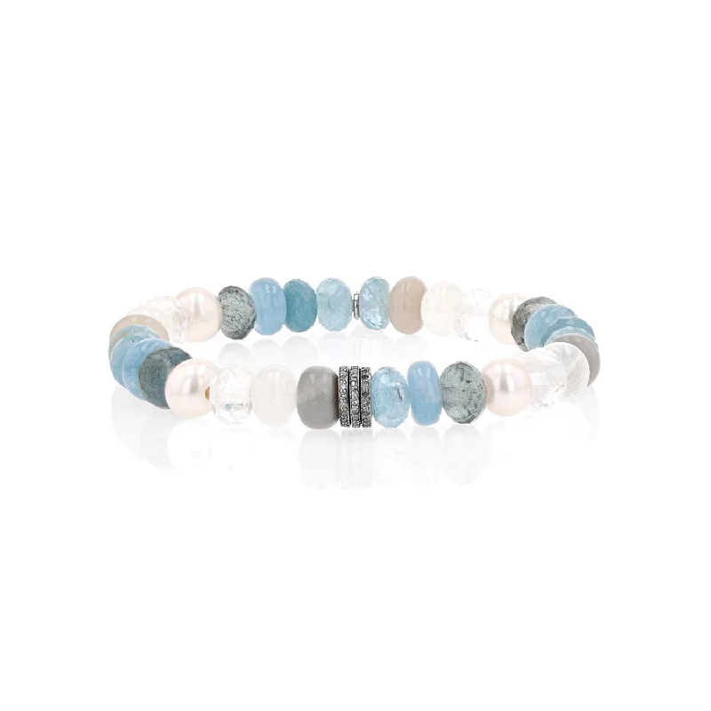 Pearl and Blue Gemstone Mix Bracelet with 3 Diamond Rondelles - 8mm