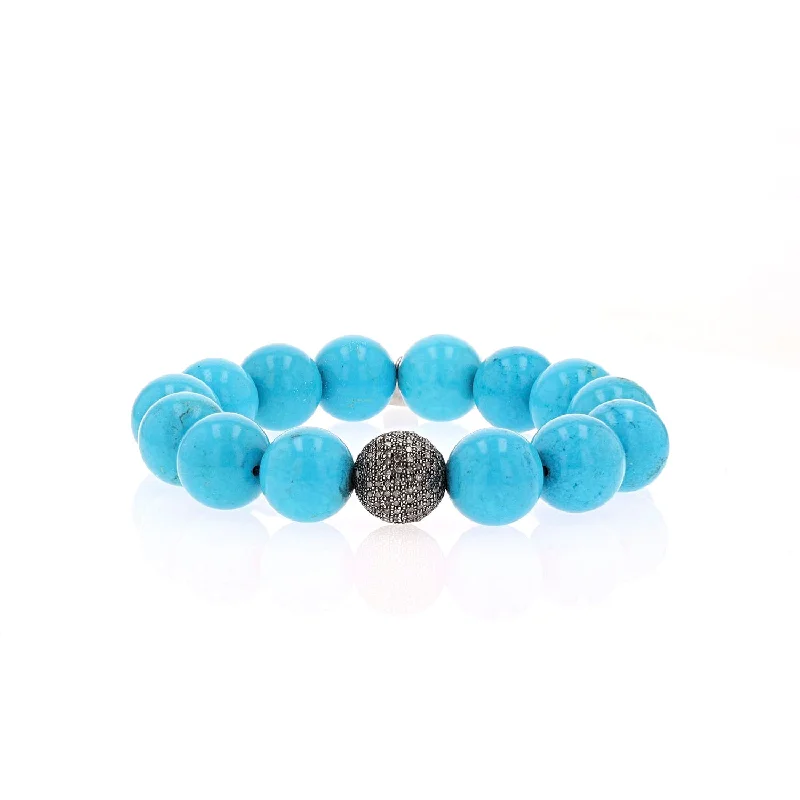 Turquoise Beaded Bracelet with Round Diamond Bead - 13mm