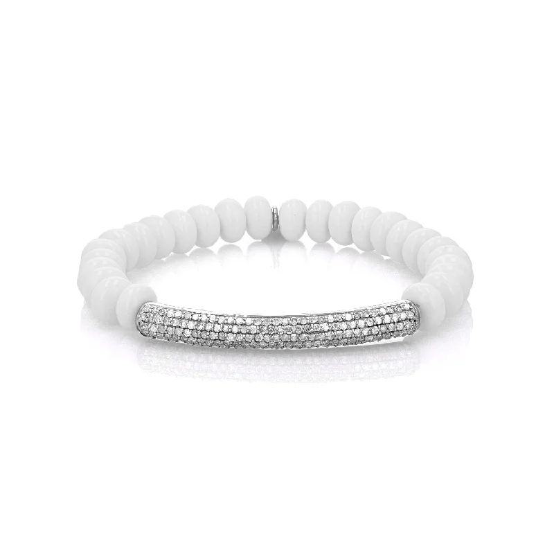 White Agate Bracelet with Diamond Bar - 8mm