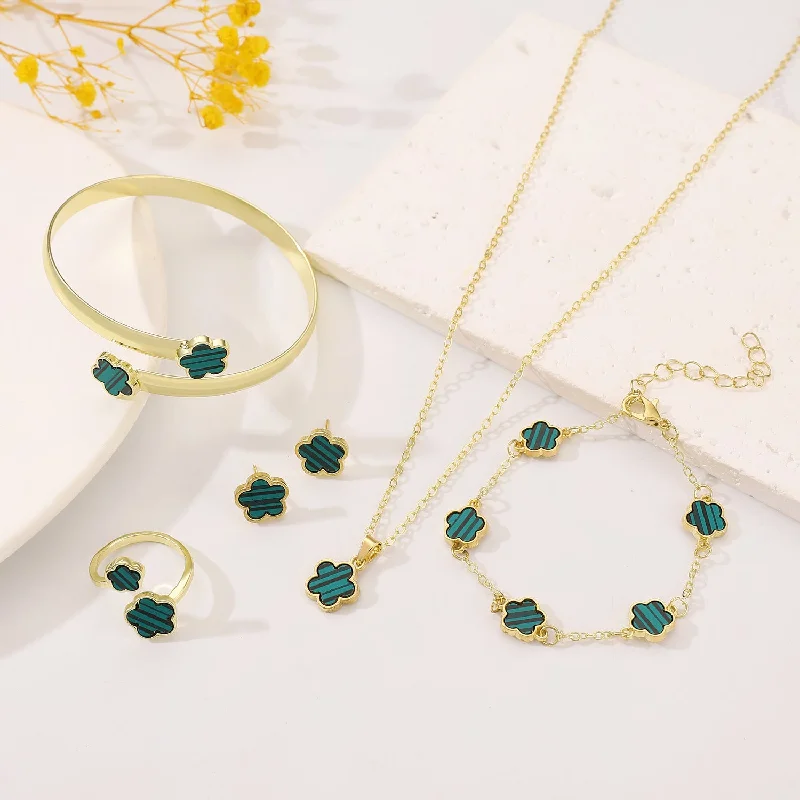 Wholesale 5pcs Clover Bracelet Bracelet Stud Earrings Necklace Ring Women's Jewelry Set